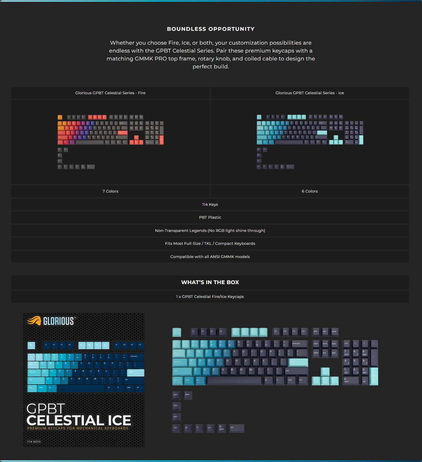 A large marketing image providing additional information about the product Glorious GPBT Celestial Gradient Keycap Set ANSI - Ice - Additional alt info not provided